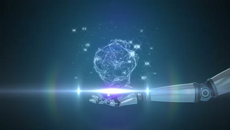 animación de datos de procesamiento de red sobre la mano del brazo del robot, con luz en movimiento sobre fondo oscuro