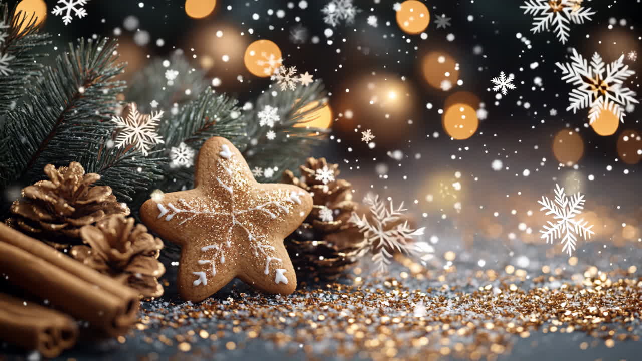A star shaped cookie is surrounded by pine cones and sprinkled with glitter. The image conveys a festive and joyful mood, as it is likely a decoration for a Christmas celebration