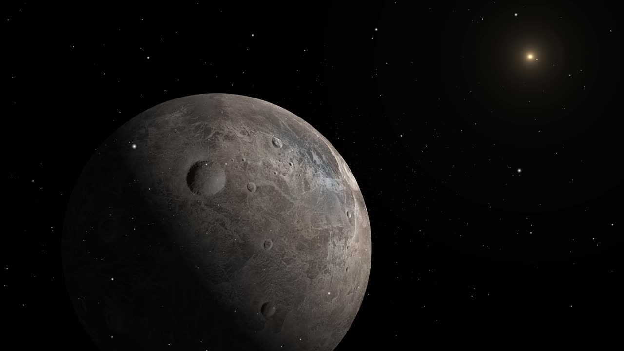 A Dwarf Planet or Moon with Craters in the Starry Cosmos