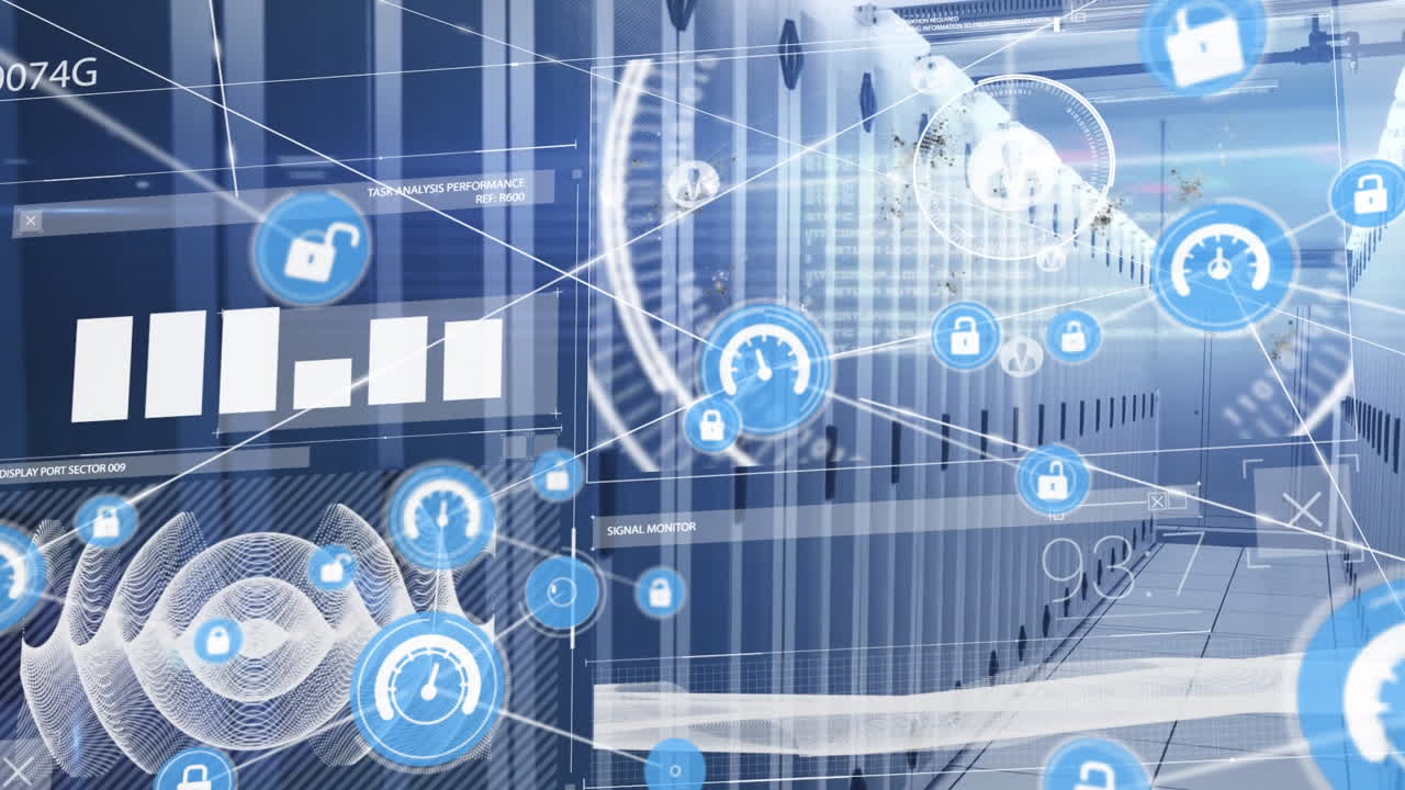 서버를 통해 아이콘과 그래프로 연결된 네트워크의 애니메이션