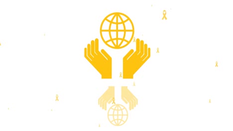 animation of hands with globe and cancer ribbons icons over white background
