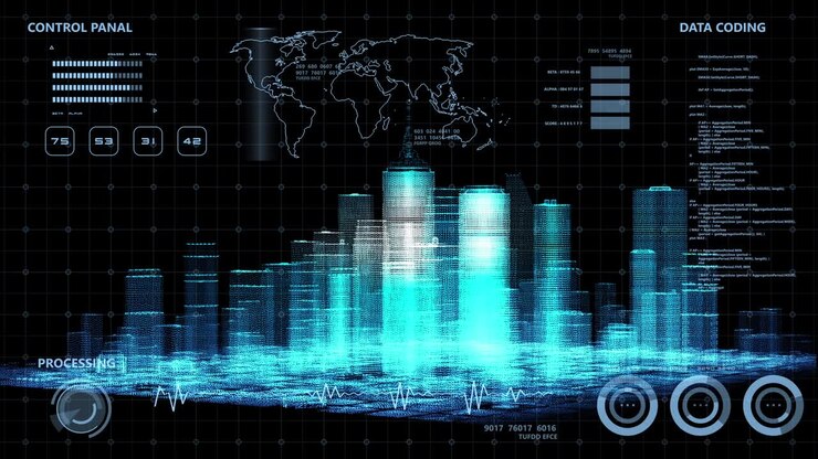 Smart world technology digital smart city 3D architecture building hologram scan UI monitor screen HUD iot internet of thing artificial intelligence, security energy power tech futuristic background