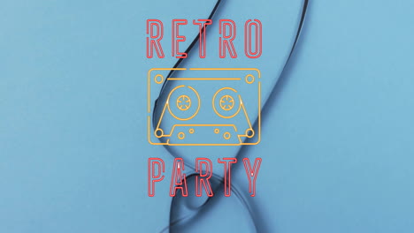 animation of retro party text over tape on blue background