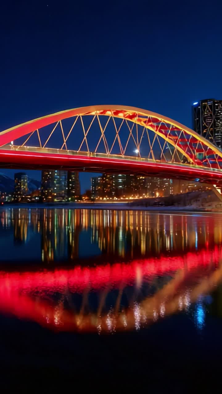 Captivating Reflection: A Stunning Night View of a Beautifully Illuminated Bridge with Vibrant Red Lights Mirroring on Calm Waters of a City River under a Starry Sky with Urban Features in the Background