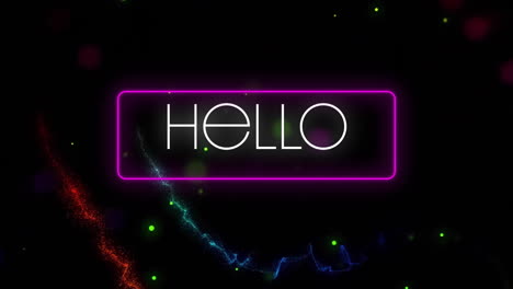 Animation-of-hello-text-over-glowing-lights-over-black-background