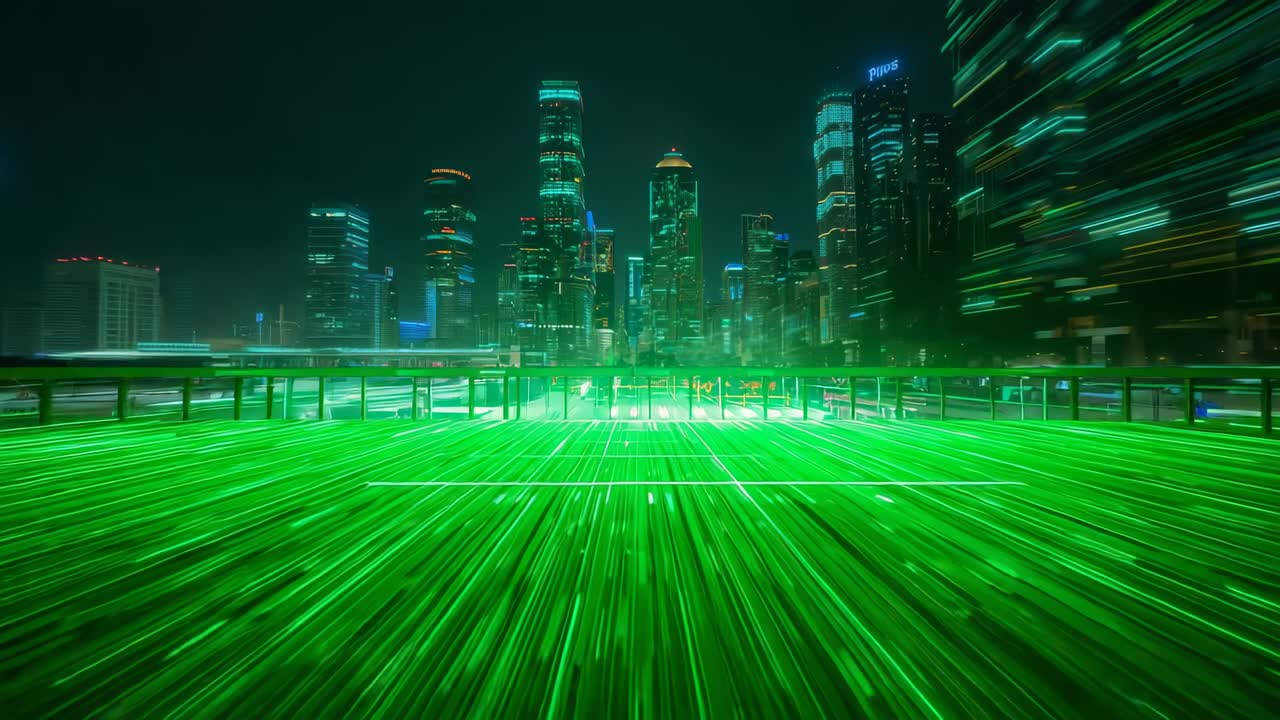 Grid brightening, green platform emitting radial laser streaks on roof deck edge, revealing skyline