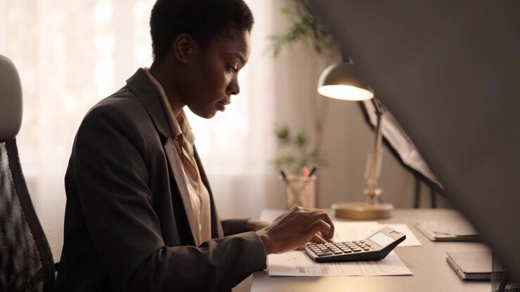 Focused Professional Working on Financial Calculations at Desk with Calculator, Papers, and Desk Lamp Illuminating a Bright Workspace Environment