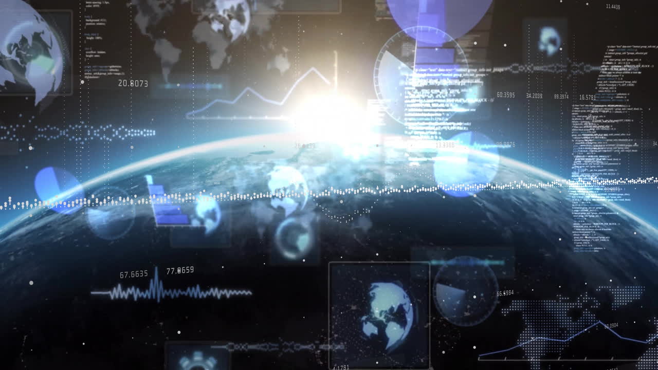 Animation of digital graphics overlaying Earth with global data analytics in space