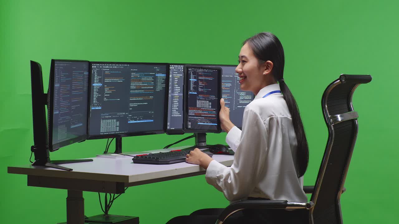 mujer programadora codificando en múltiples monitores
