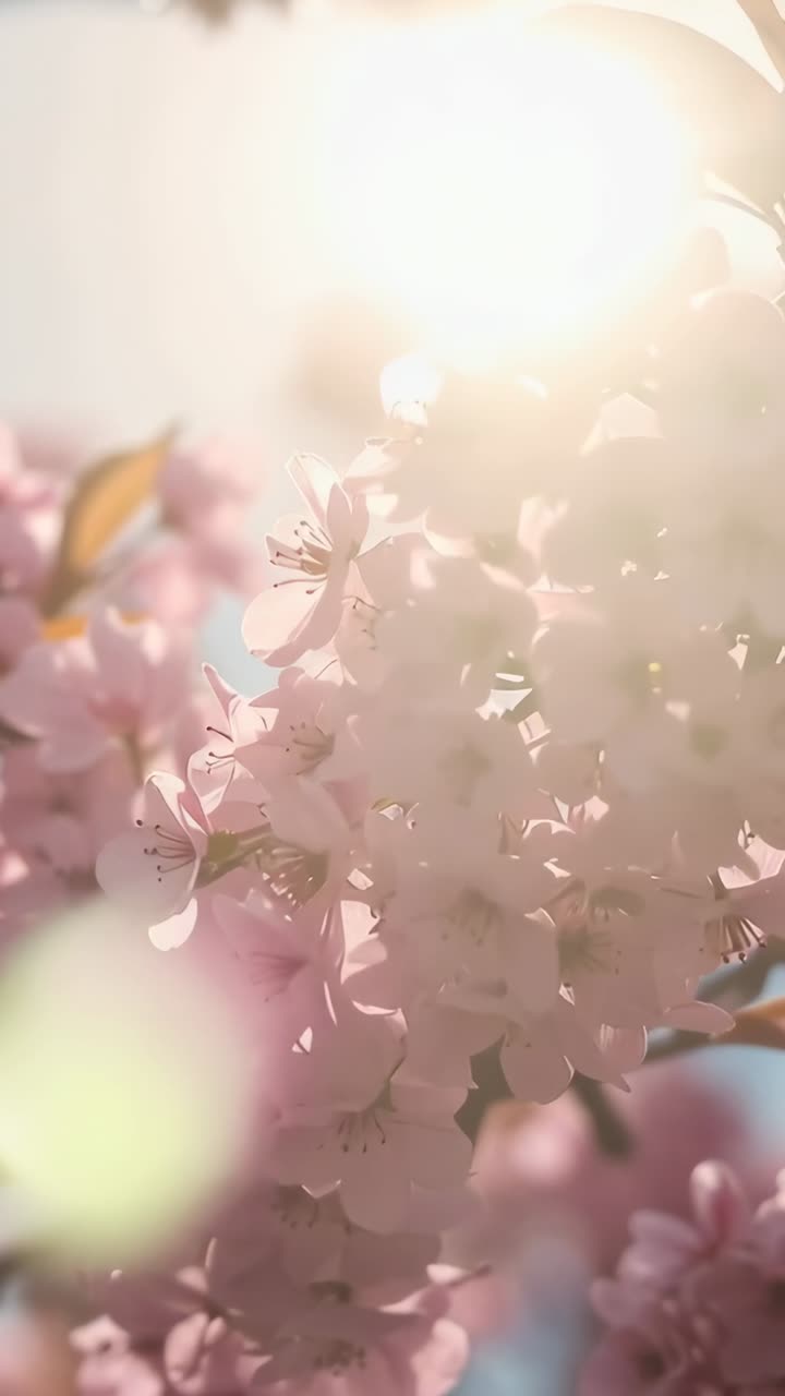 Vertical video: Slipping sun showing closeup pink blossoms in park creating warm backlight