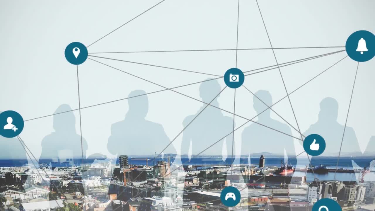 도시 풍경 위의 온라인 디지털 아이콘 네트워크의 애니메이션