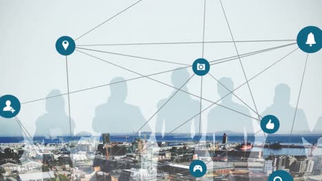 animación de una red de iconos digitales en línea sobre el paisaje urbano