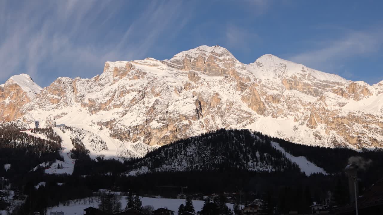 panoramic view of the massive snow-covered jagged mountain peaks of the Dolomites near Cortina d'Ampezzo, Italy