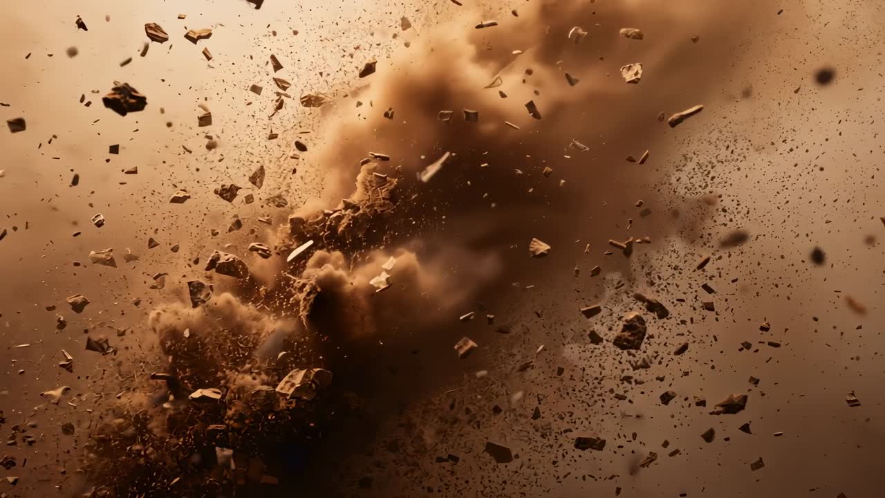 Detaching rock fragments forming swirling dust cloud growing in CGI void, with layered debris