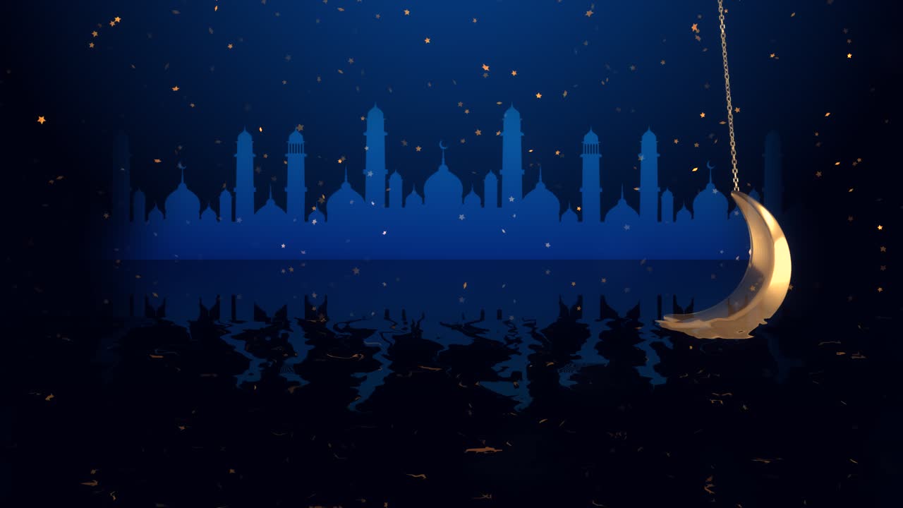 Abstract traditional eid mubarak islamic loop backgrounds animation moon on water surface star