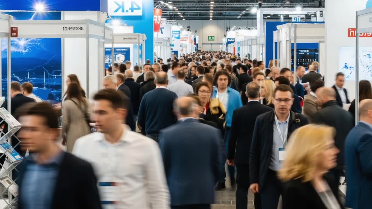 A Bustling Exhibition Hall with Swarms of Attendees Engaging in Networking, Discussions, and Exploration of Stands Showcasing Innovative Products and Services