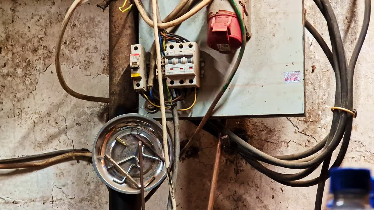 Electrical panel with exposed wiring and tools against a worn wall in a warehouse