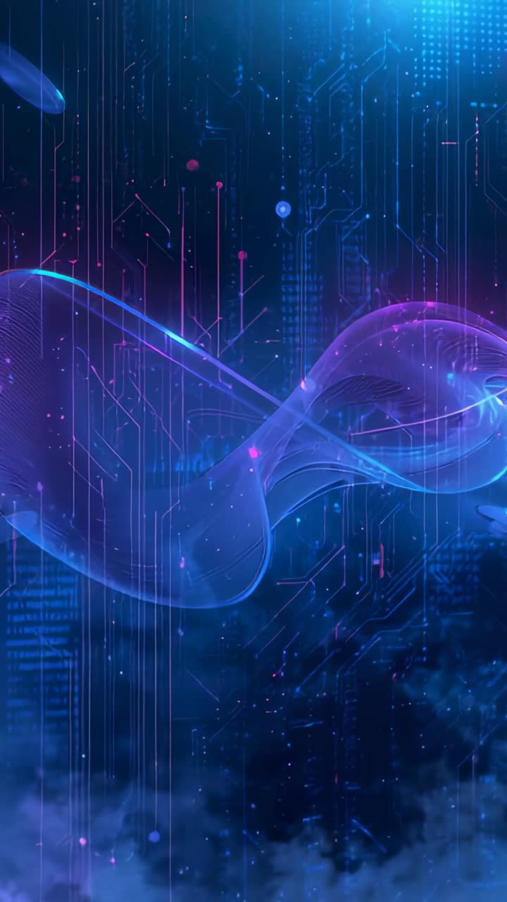 Vertical video: Starting loop, ribbon wave flowing and shifting in tech space, with data lines