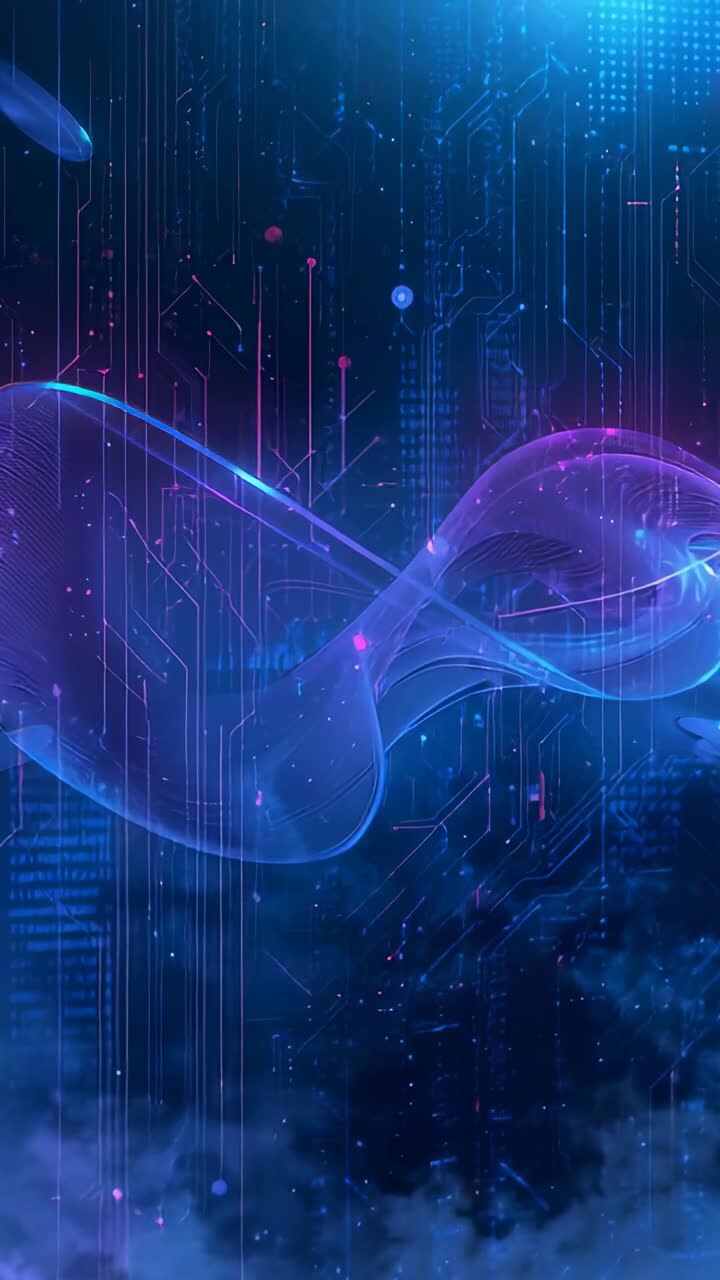 Vertical video: Starting loop, ribbon wave flowing and shifting in tech space, with data lines