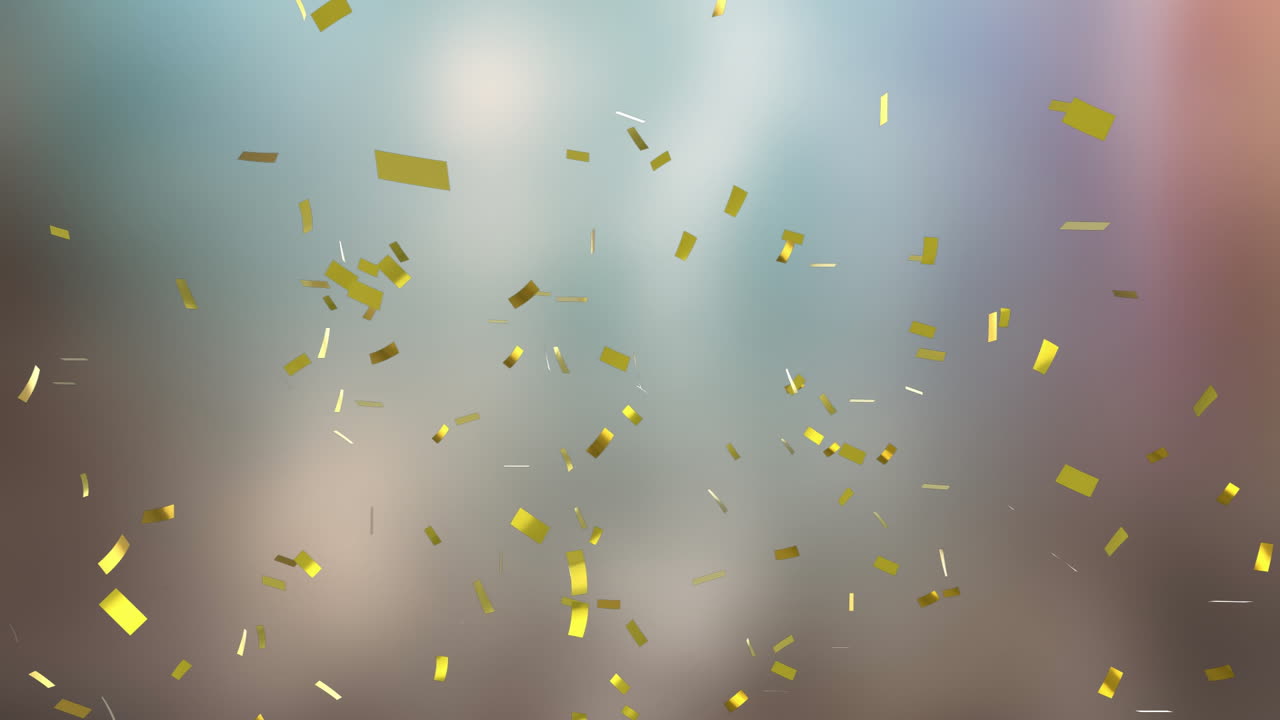 Golden confetti falling animation over blurred colorful background