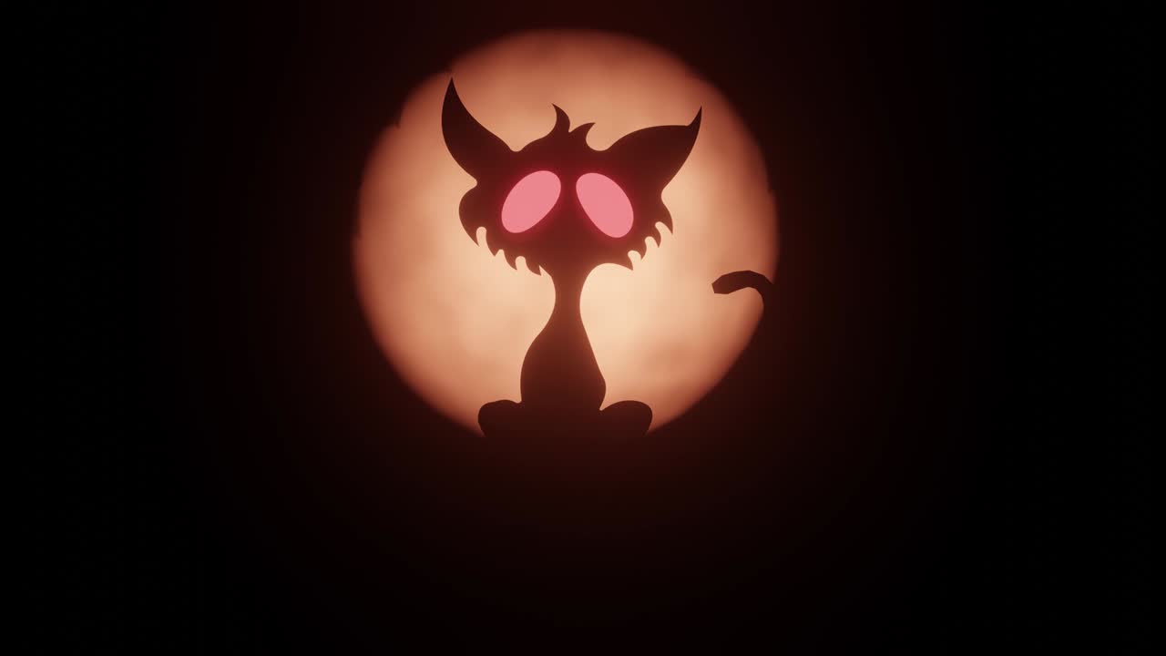 Halloween creepy cartoony cat with spooky glowing red eyes wagging its tail, sitting in front of full moon.