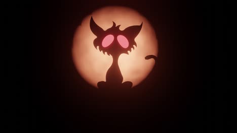 hallowe'en un gato de dibujos animados espeluznante con ojos rojos brillantes inquietantes moviendo su cola, sentado frente a la luna llena.