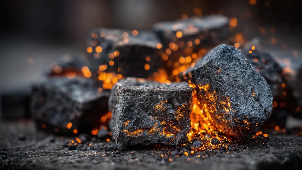 Un primer plano de carbón incandescente en el corazón de un fuego, mostrando las ascuas y la intensidad de los carbones encendiéndose y chispeando en la oscuridad.