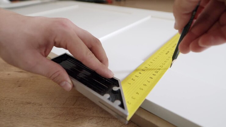 Using L shape steel ruler to mark spot for closet assemble, close up view