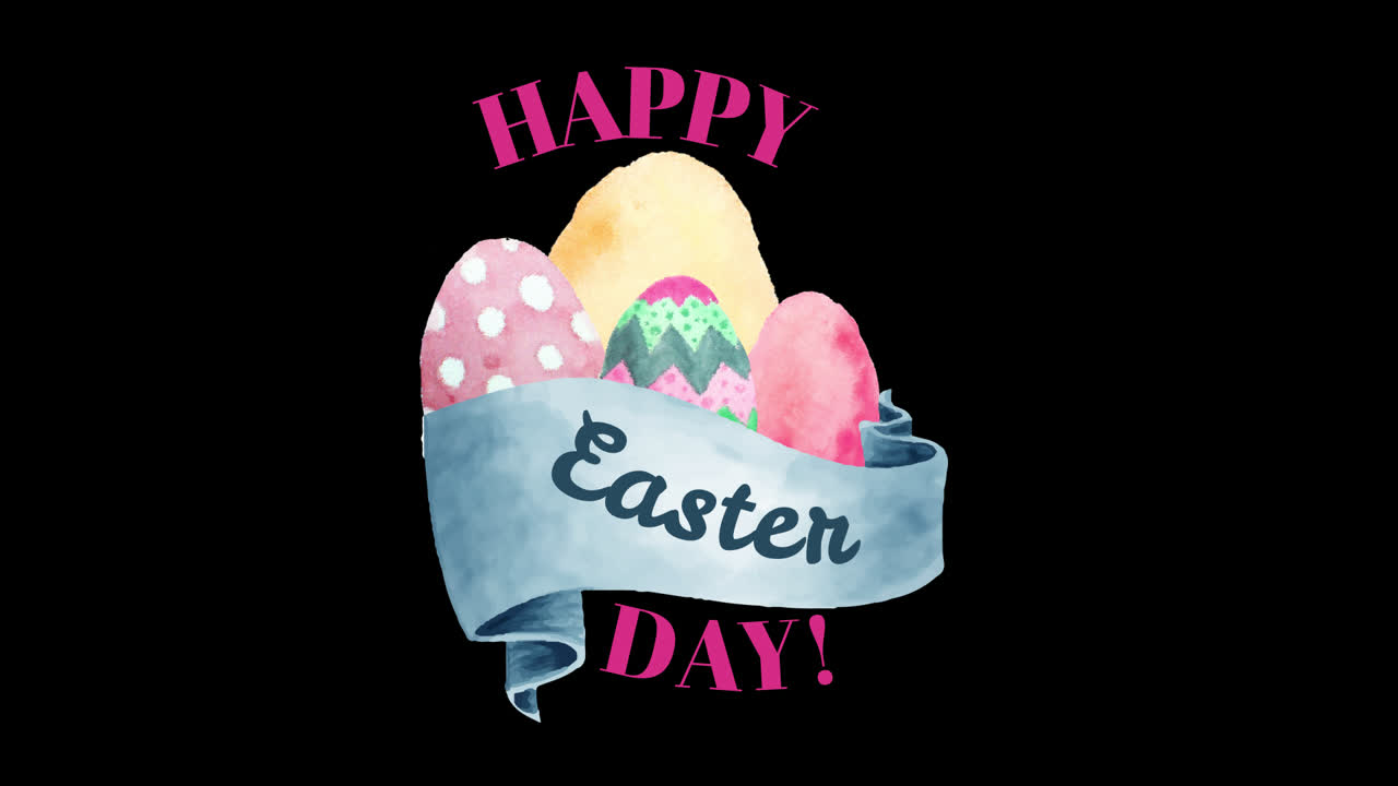 Biglietto d'auguri per il giorno di Pasqua con uova ad acquerello e nastro