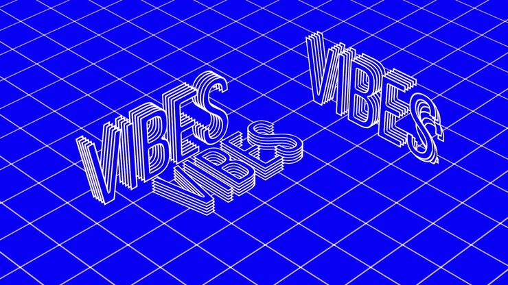 Animation of the word vibes in 3d white line text with white grid on blue background