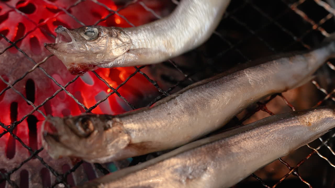 Pesce shishamo intero alla griglia su fuoco a carbone, primo piano