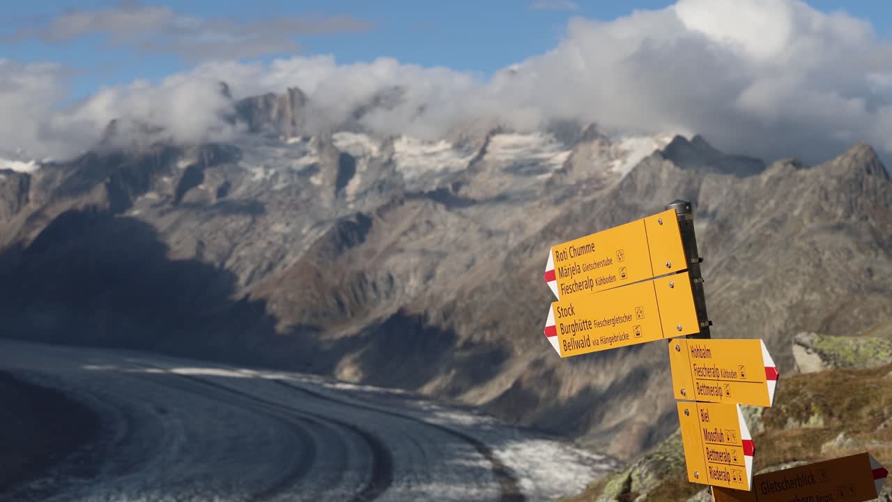 Hiking sign showing direction for mountain trails above the glacier in Switzerland