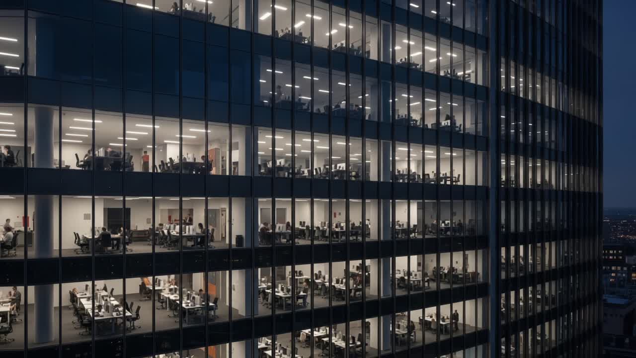 A Bustling Evening in a Modern Office Building: Workers Engaged in Various Tasks, Illuminated by Bright Indoor Lighting Against a Twilight Skyline