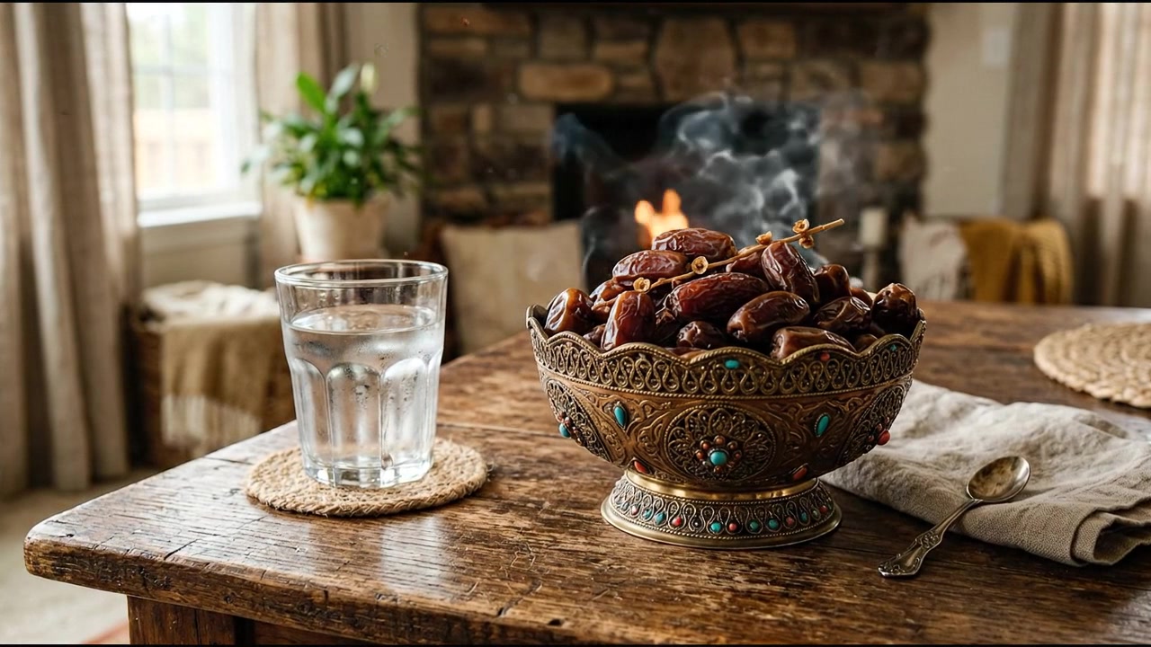 Bowl of dates and glass of water arranged on a rustic wooden kitchen table