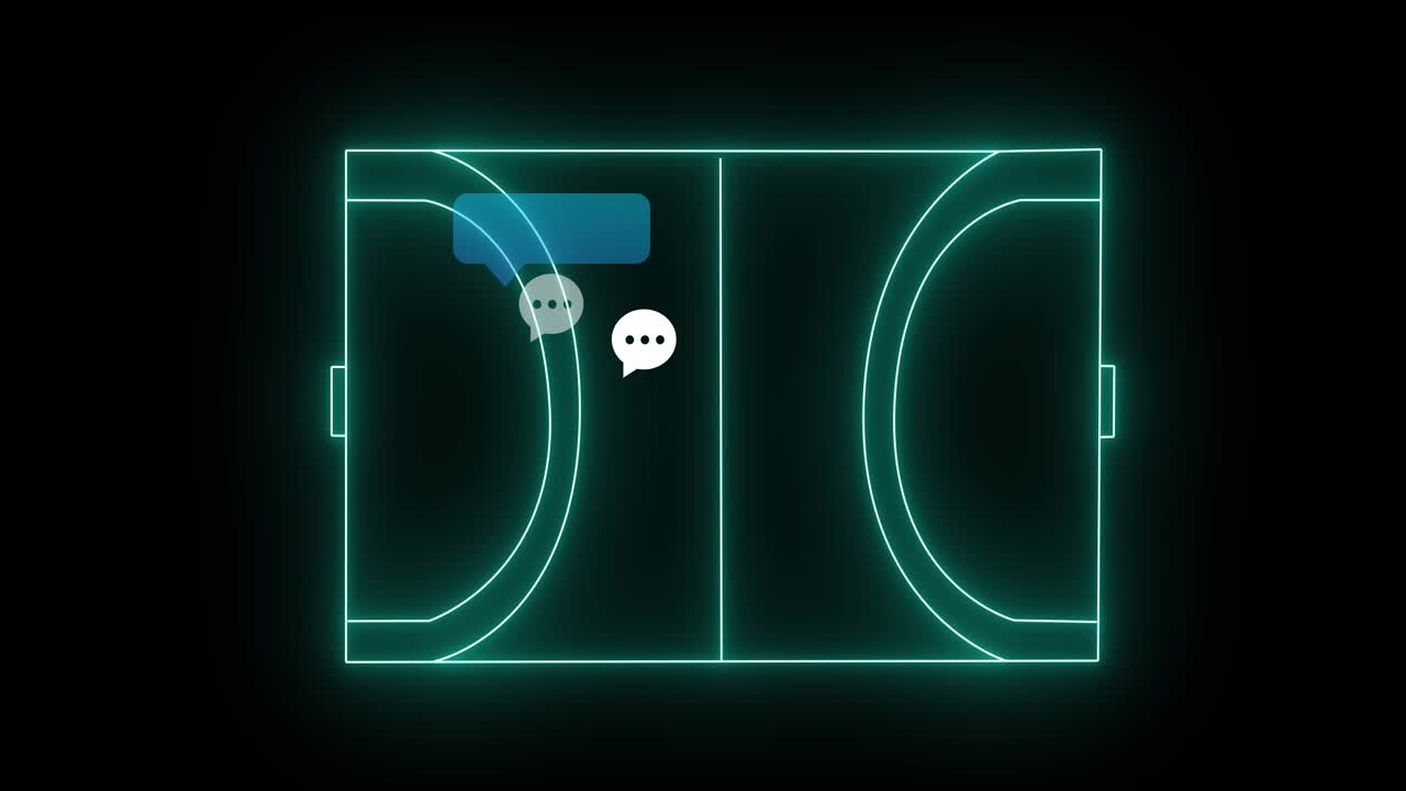 Cyan lines appearing, neon court and chat icons animating, clustering and fading, showing chat flow