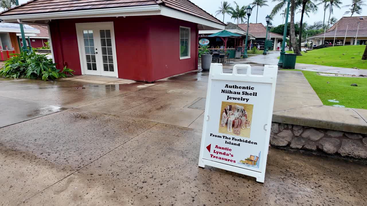 Walking POV of Coconut Marketplace, quaint open-air shopping village with stores, restaurants, coffeeshops and local art. Coconut Marketplace at Kapaa on the island of Kauai in Hawaii