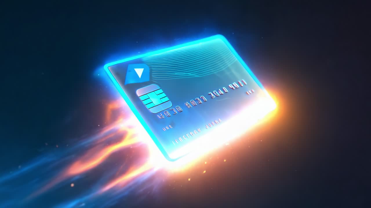 Dynamic Credit Card Animation Highlighting Futuristic Design with Streaming Lights and an Energetic Glow, Symbolizing Speed and Modern Finance Concepts in a Digital Era