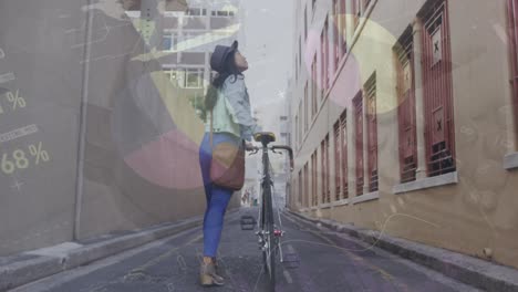 animation of infographic interface over asian woman looking at building while walking with bicycle