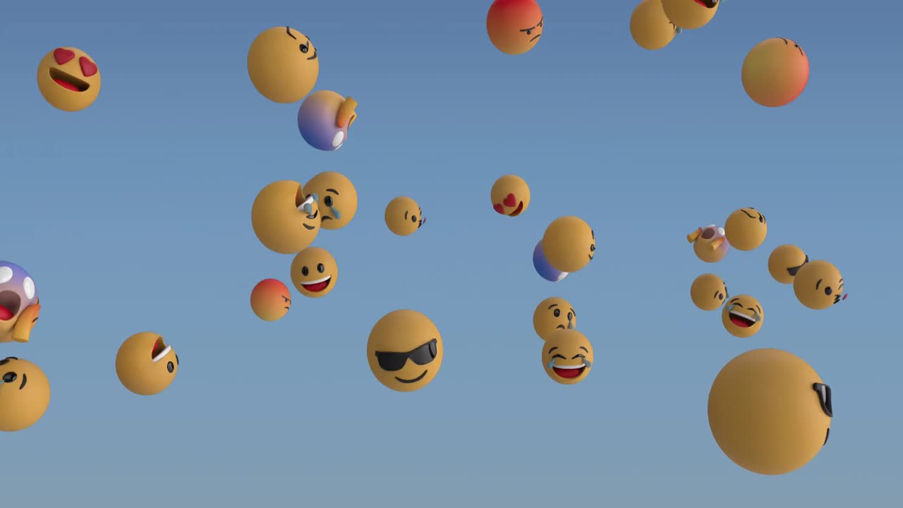 animación de múltiples emojis de caras flotando contra un fondo de gradiente azul.