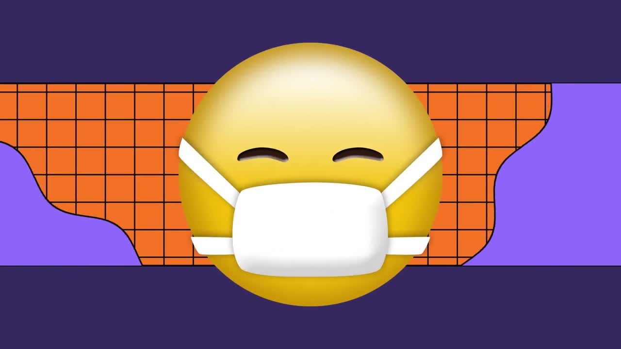 그래픽 배경 위에 얼굴 마스크를 착용한 이모지 애니메이션