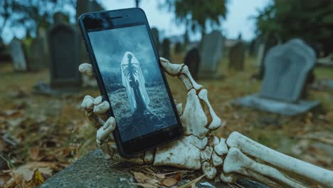 Skeleton Holding Phone in Graveyard