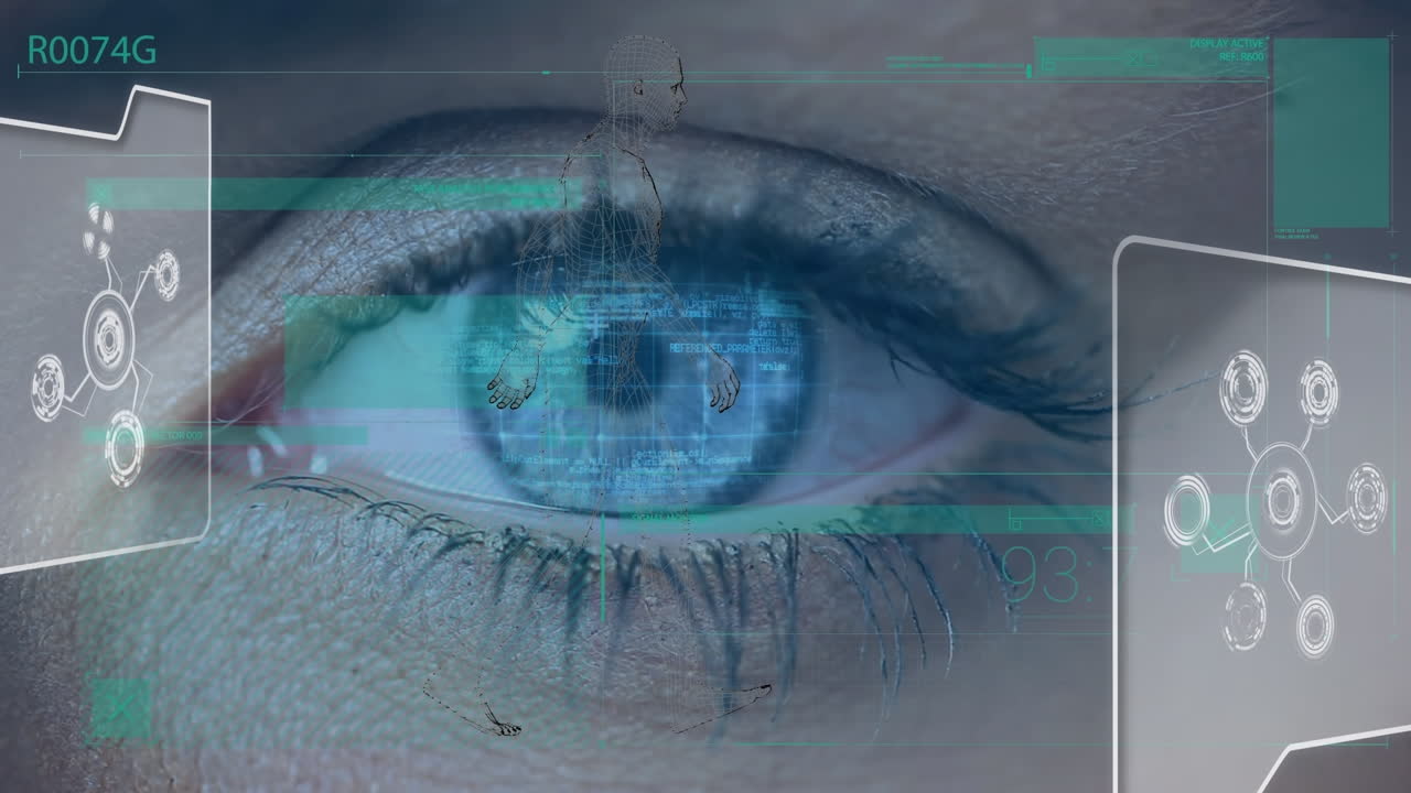 animazione di persona digitale che cammina e bulbo oculare femminile scansione dati di programmazione e cellule biologiche