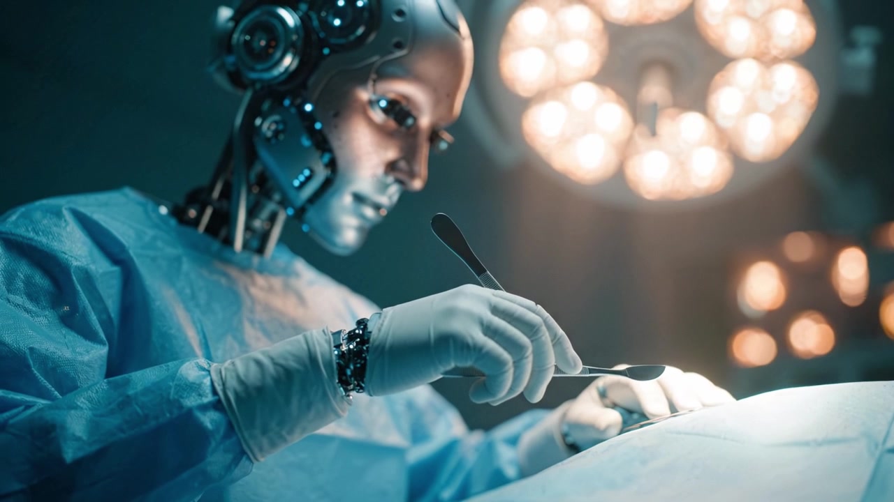 Humanoidní robot provádějící chirurgický zákrok v operačním sále, ukazující pokročilou technologii a přesnost v robotické chirurgii pod jasnými operačními světly