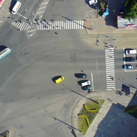 crossroads in city center. aerial top view of traffic and vehicle car on crossroad