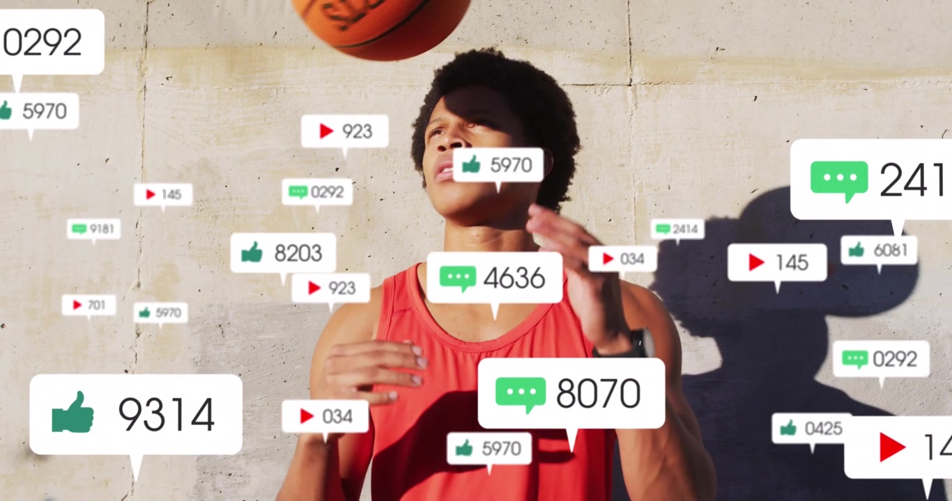 Young Basketball Player Surrounded by Social Media Engagement Icons