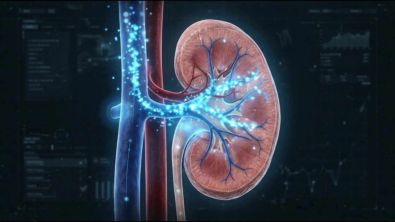 Human kidney and renal artery urinary system hologram