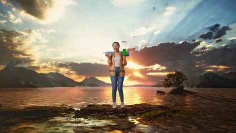 cuerpo lleno de excursionista femenina asiática con mochila de montañismo que muestra una maqueta de pantalla verde de teléfono inteligente y apuntando a un lado mientras está de pie en un lago durante la hora del atardecer