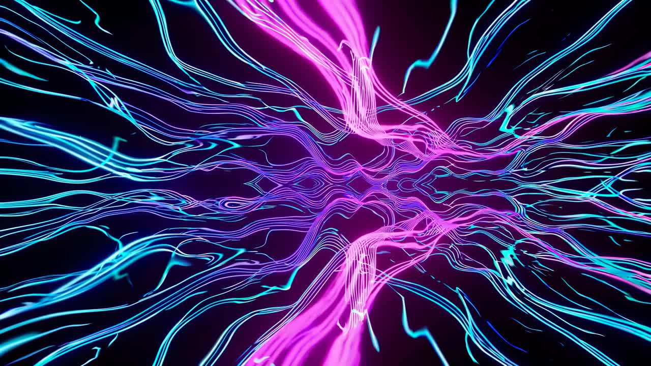 Concetto video dinamico con scie di luce neon blu che convergono al centro.