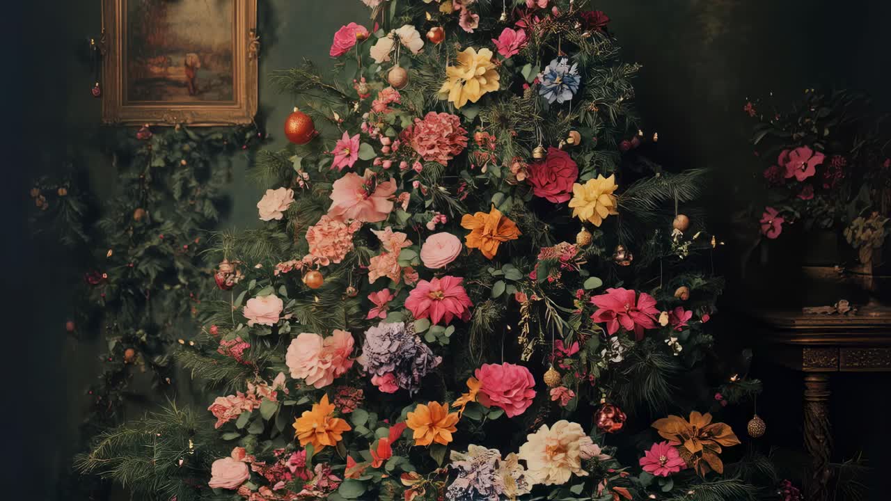 Warm golden illumination highlighting vintage christmas tree decorated with colorful flowers, standing against dark green walls adorned with elegant golden frames in cozy interior setting