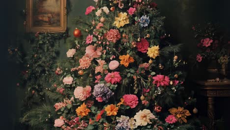 warm golden illumination highlighting vintage christmas tree decorated with colorful flowers, standing against dark green walls adorned with elegant golden frames in cozy interior setting